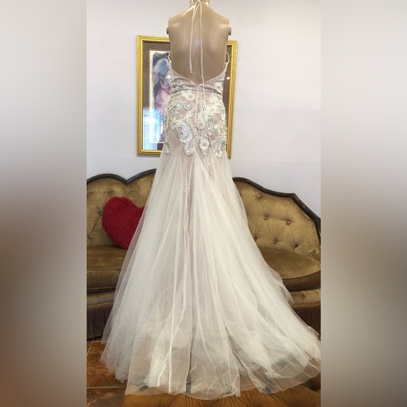 Terani couture wedding halter lace flower embellished wedding gown nude size XS - Picture 8 of 12